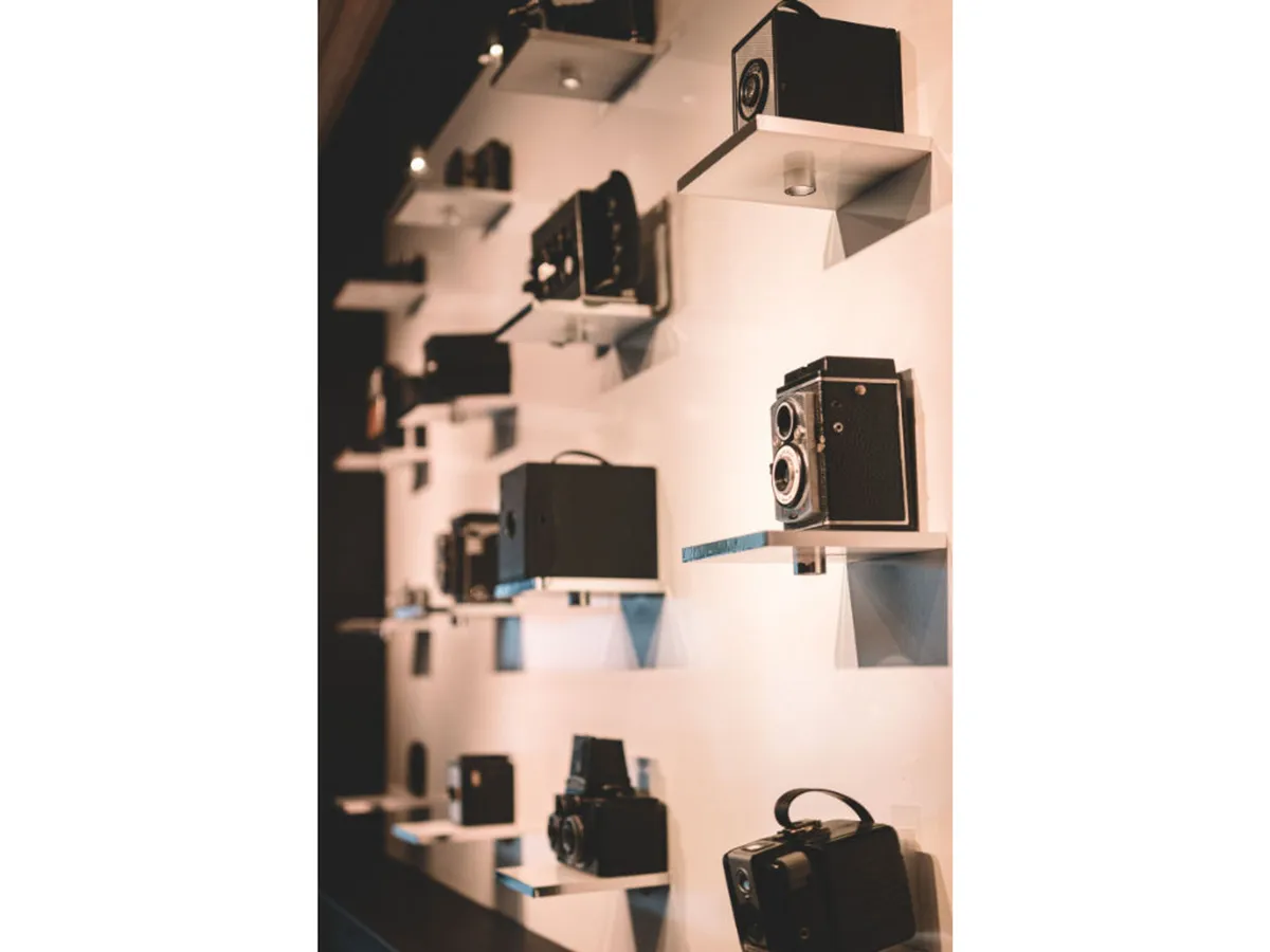 A thoughtfully styled display of vintage cameras arranged on wooden shelves, set against a backdrop that feels both artistic and historic. The vignette invites guests to appreciate Portland’s photographic heritage, connecting seamlessly to the hotel’s curated exhibits and historic narrative.